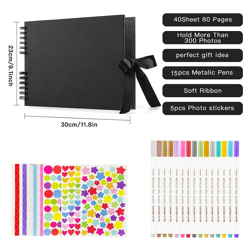 EVNEED 11.5 x 8.5 Inch Scrapbook Photo Album,Wedding Guest Book Anniversary Memory Scrapbooking,Wedding Photo Album with DIY Accessories Kit for Craft Paper DIY,80 Pages (40 Sheets),Black - Image 2